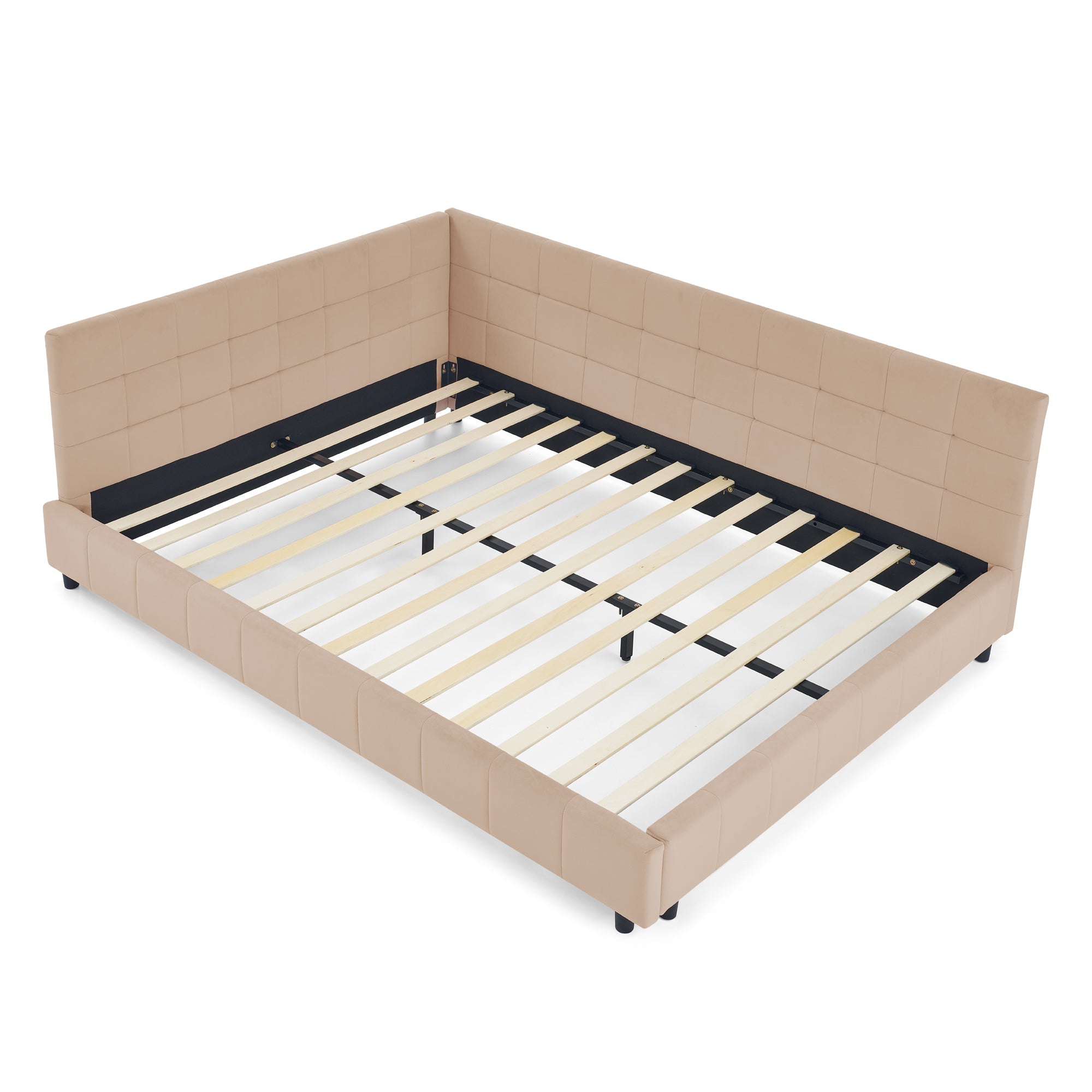 Queen Size Upholstered Tufted Bed Frame with Sofa Backrest & Armrests, Velvet Queen Bed for Bedroom & Living Room