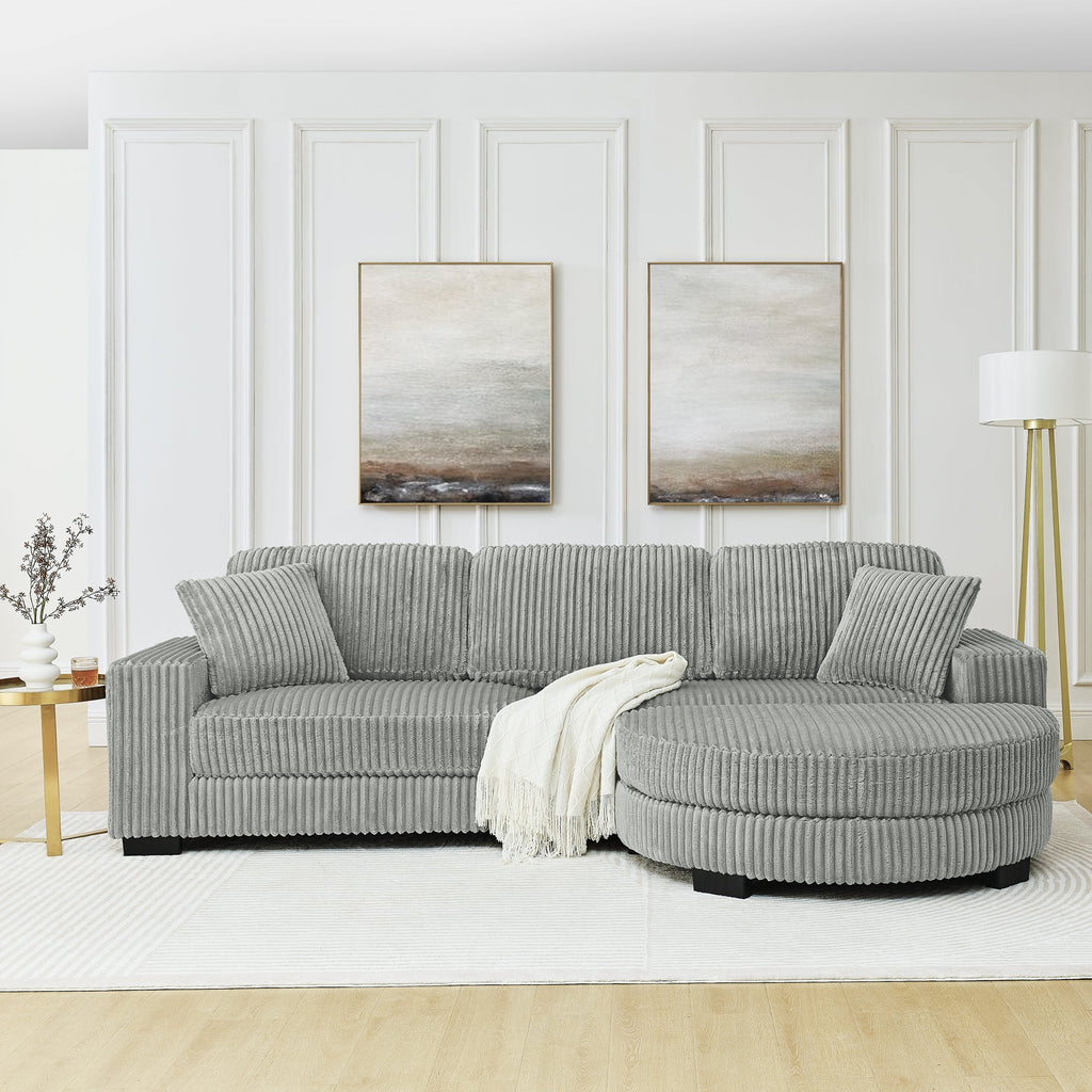 Corduroy Tufted Upholstered Sleeper Sectional Sofa, L-Shaped Modular Convertible Sofa , The arc-shaped footstool can be placed freely on the left
