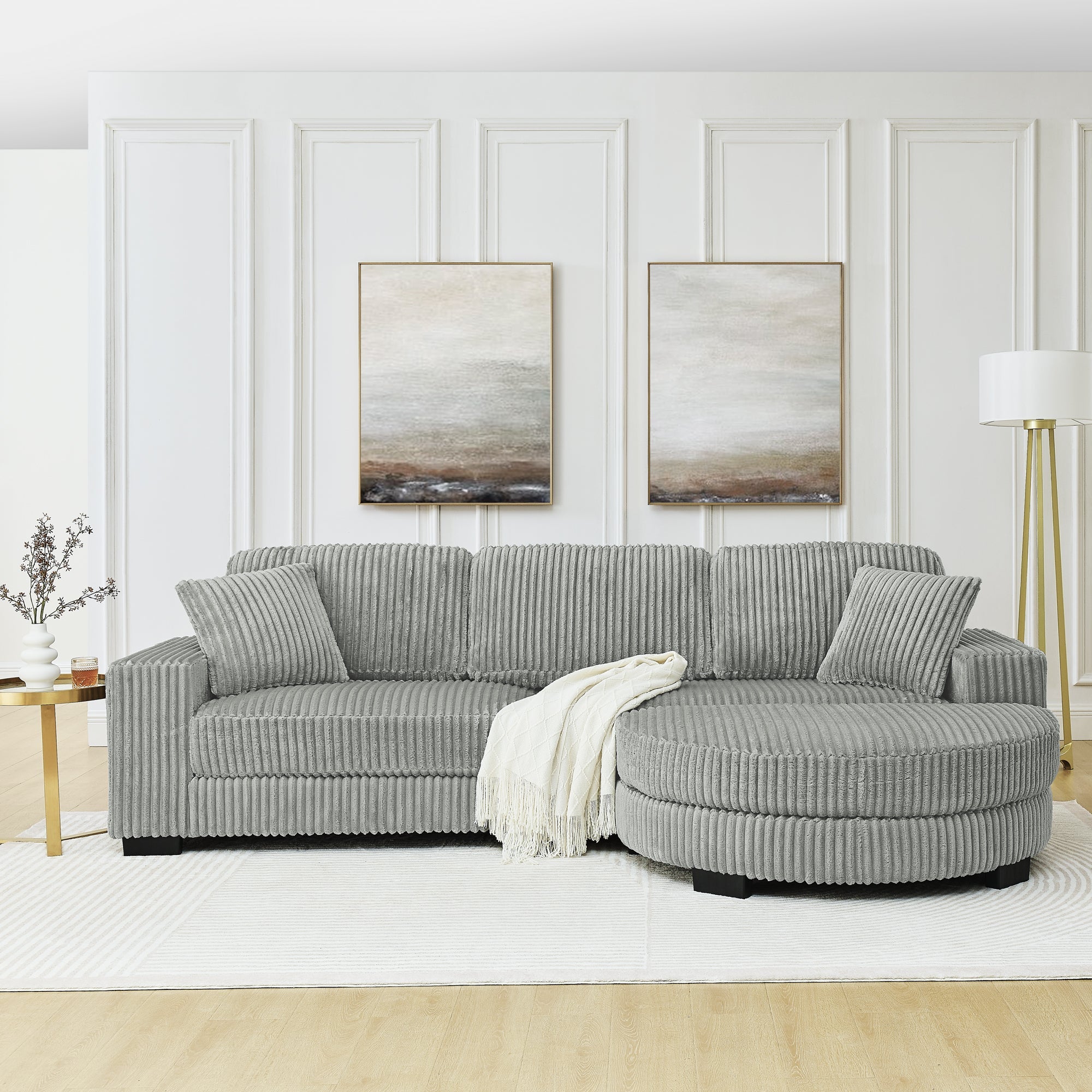 Corduroy Tufted Upholstered Sleeper Sectional Sofa, L-Shaped Modular Convertible Sofa , The arc-shaped footstool can be placed freely on the left