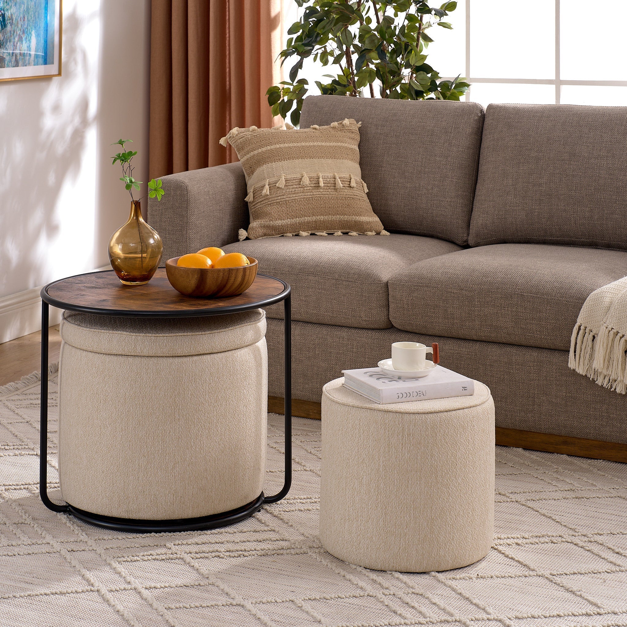 Ottoman, multi-functional combination set table Ottoman, combination of Ottoman and table, with drum stool, with storage space