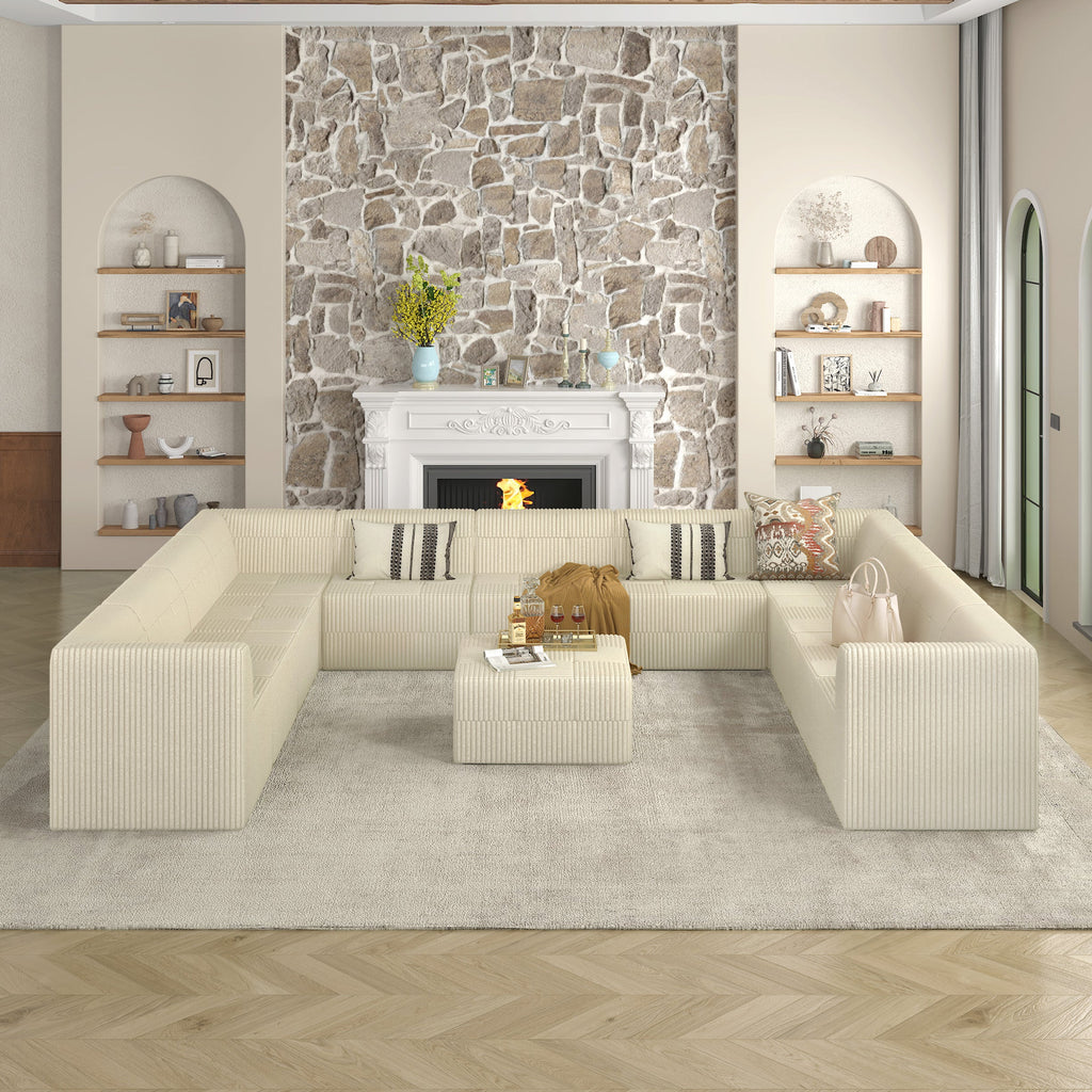 U-Shaped Modular Sectional Sofa, DIY Compressed Corduroy Couch, Modern Minimalist Sleeper Sofa for Living Room & Bedroom, Comfy & Space-Efficient