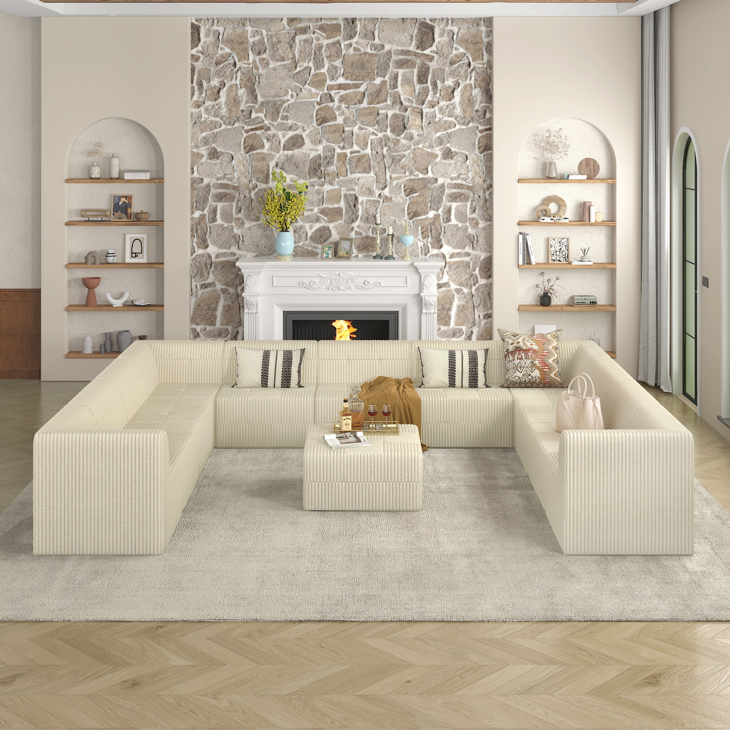 U-Shaped Modular Sectional Sofa, DIY Compressed Corduroy Couch, Modern Minimalist Sleeper Sofa for Living Room & Bedroom, Comfy & Space-Efficient