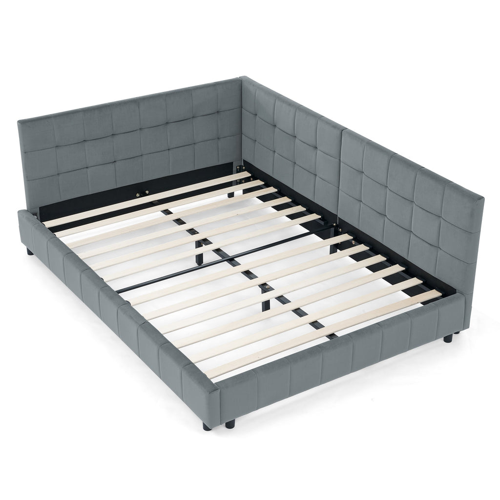 Full Size Upholstered Tufted Bed Frame with Sofa Backrest & Armrests, Velvet Full Bed for Bedroom & Living Room, Comfortable & Stylish Design