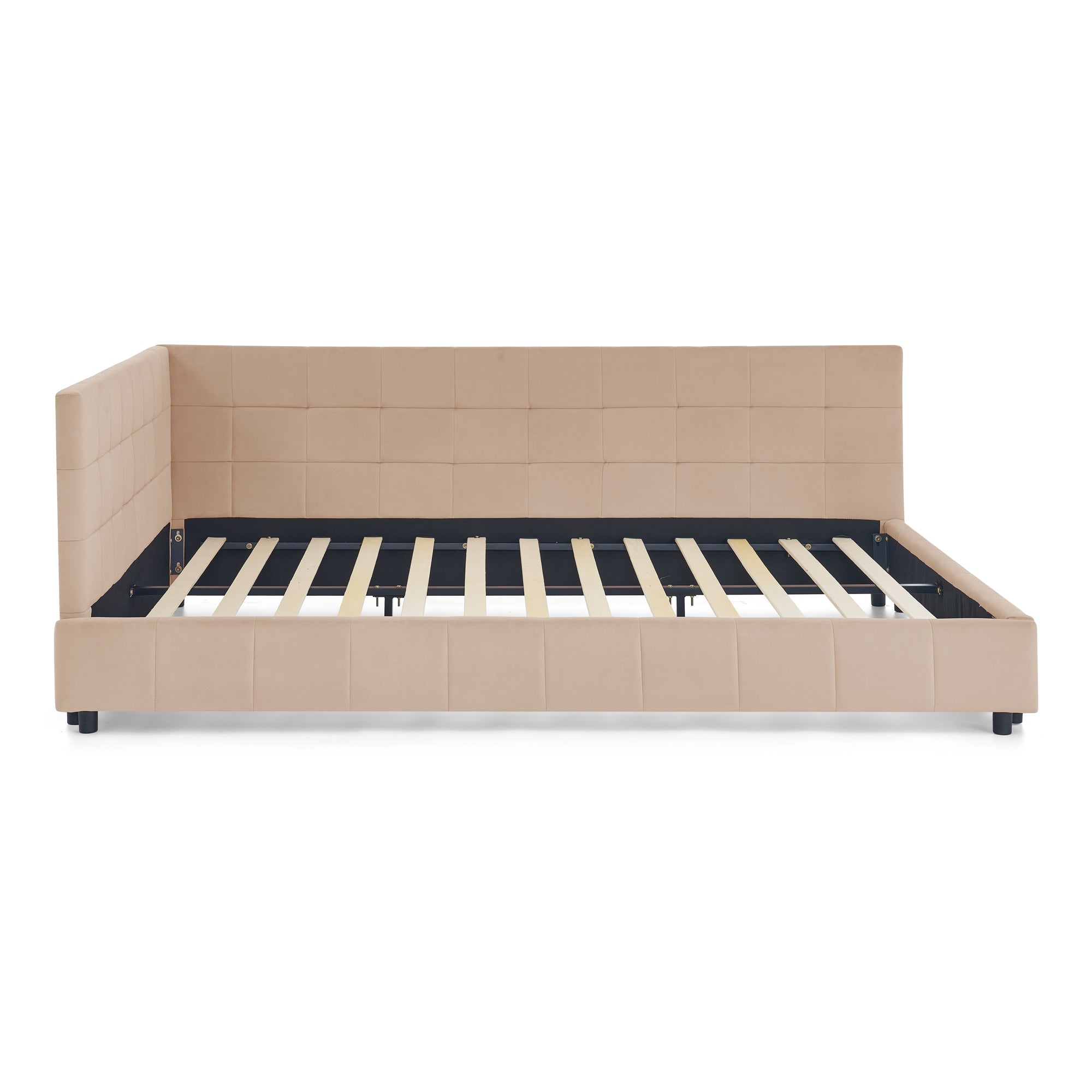 Queen Size Upholstered Tufted Bed Frame with Sofa Backrest & Armrests, Velvet Queen Bed for Bedroom & Living Room