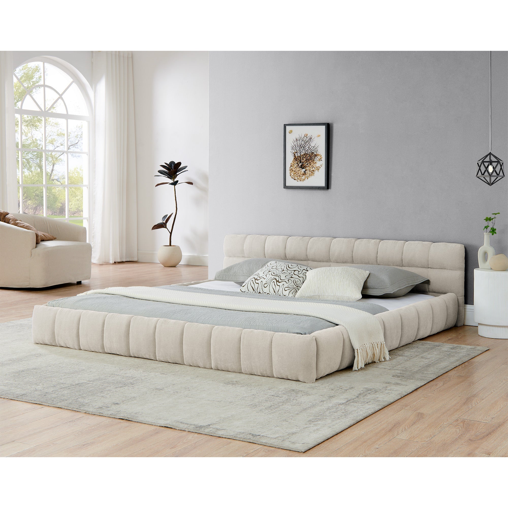 King size Upholstered Bed Frame with Thick Fabric, Chenille Fabric Grounded Queen Size Platform Bed with Headboard and Solid Frame. No Box Spring Needed(88.5''*85.5''*24'')