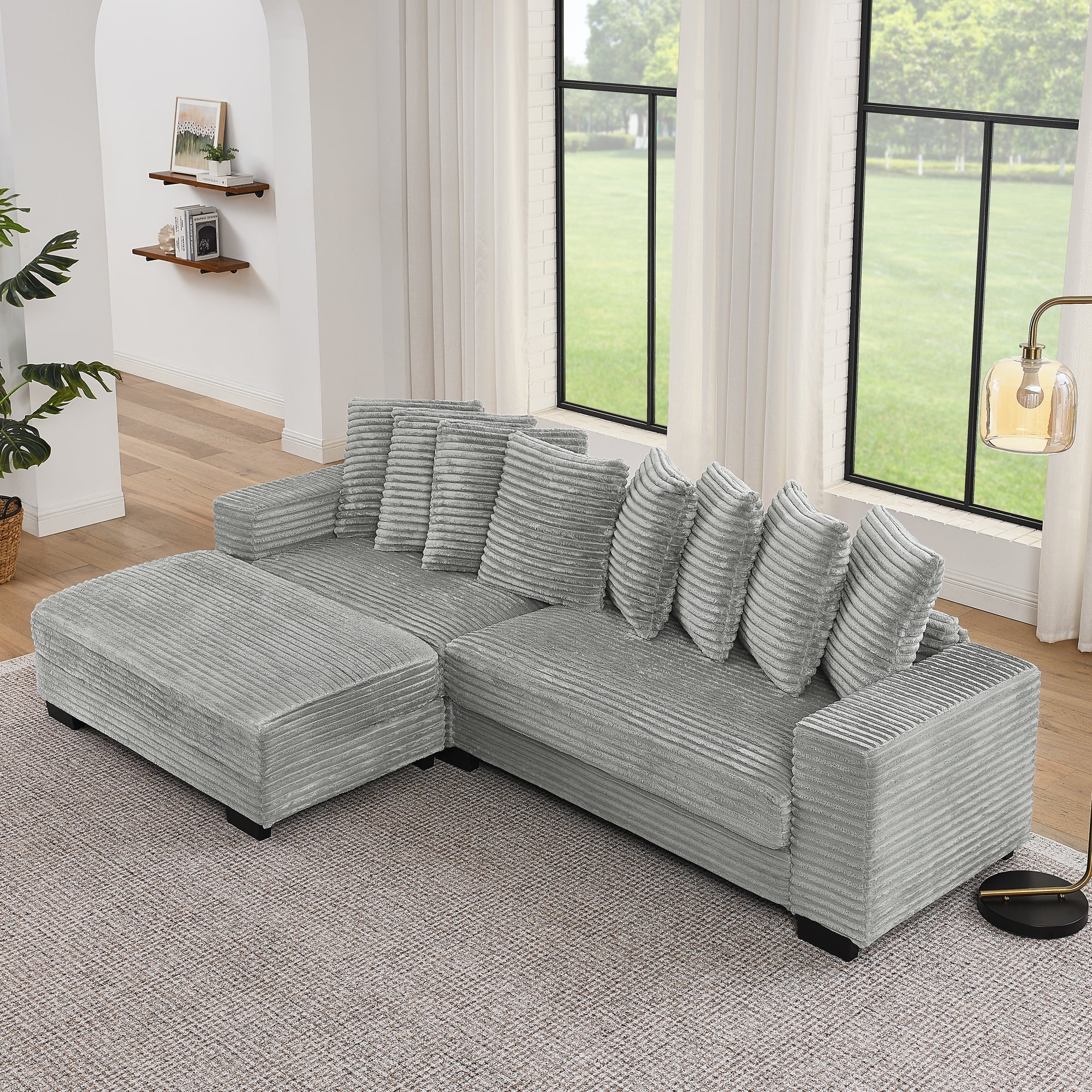Corduroy Tufted Upholstered Sleeper Sectional Sofa, L-Shaped Modular Convertible Sofa , Can freely change the position of the footrests(Assembly is required)
