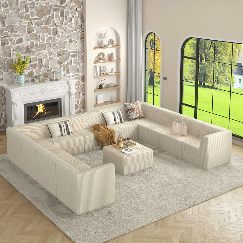 U-Shaped Modular Sectional Sofa, DIY Compressed Corduroy Couch, Modern Minimalist Sleeper Sofa for Living Room & Bedroom, Comfy & Space-Efficient