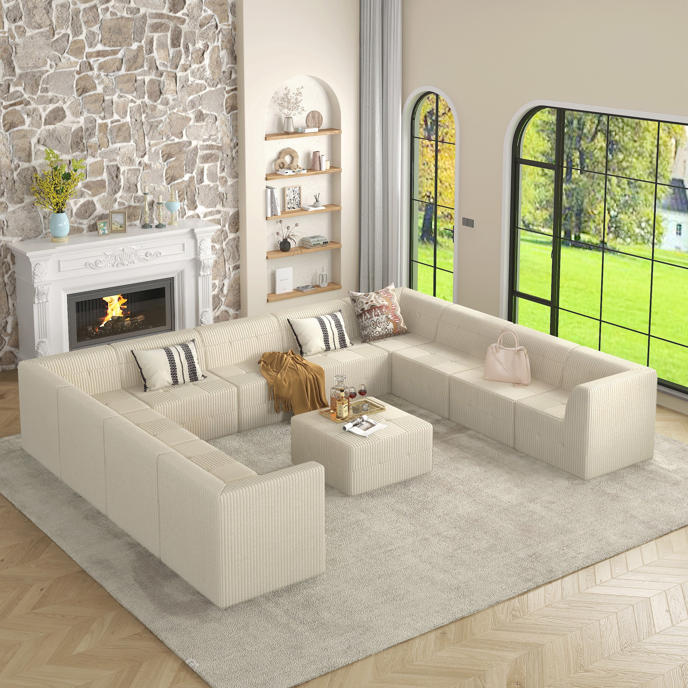 U-Shaped Modular Sectional Sofa, DIY Compressed Corduroy Couch, Modern Minimalist Sleeper Sofa for Living Room & Bedroom, Comfy & Space-Efficient