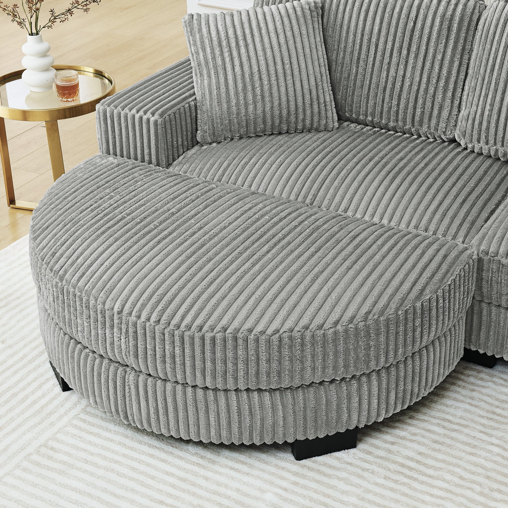 Corduroy Tufted Upholstered Sleeper Sectional Sofa, L-Shaped Modular Convertible Sofa , The arc-shaped footstool can be placed freely on the left