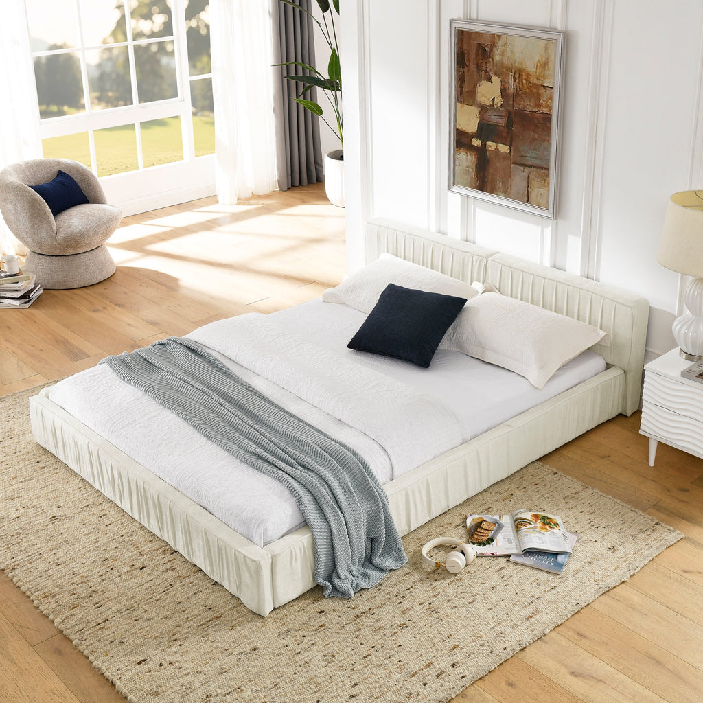 Queen Size Upholstered Bed Frame with Chenille fabric with pleated design,Grounded Queen Size Platform Bed with Headboard and Solid Frame. No Box Spring Needed(88"*67"*23.5")