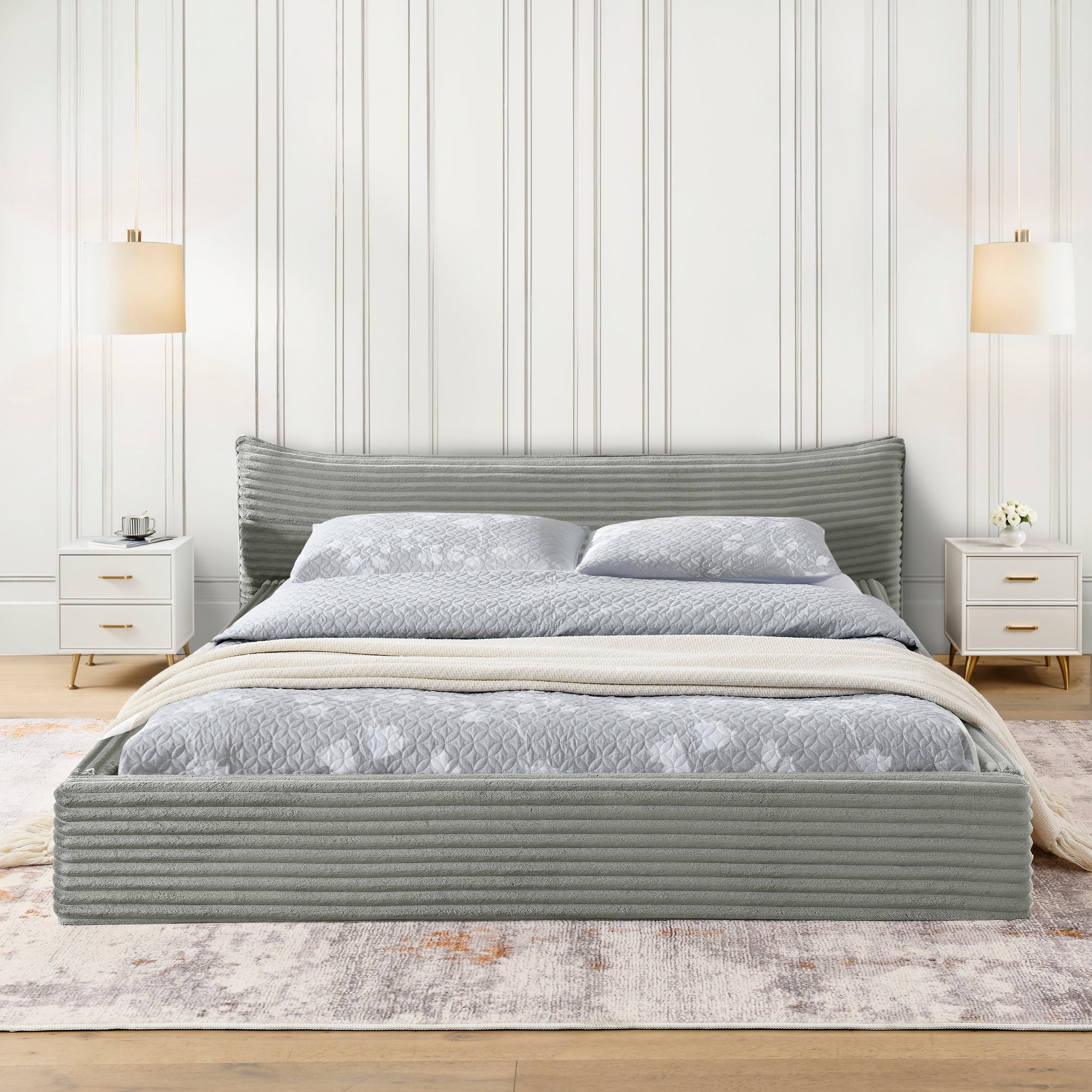Queen Size Upholstered Bed FrameAnd velvet fabric,Grounded Platform Bed with Decorative Curved Headboard and Solid Wood Frame, No Box Spring Required(68''*87.75''*24.25'')