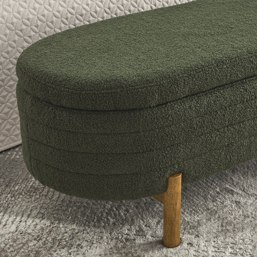 Oval Ottoman Chair with Storage, Beige Upholstery & Rubber Wood Legs, Perfect for Living Room & Bedroom (46" x 17.7" x 10.8")