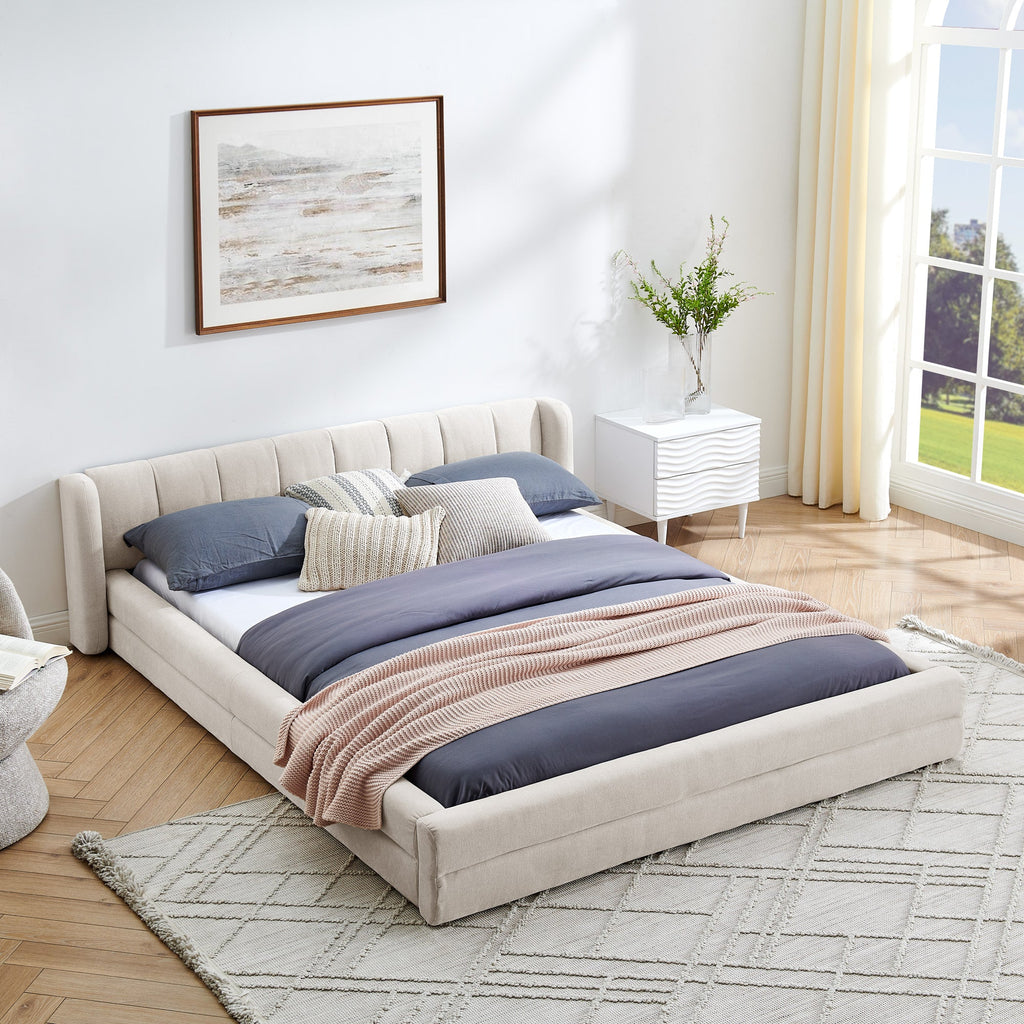 Queen Size Upholstered Bed Frame with Thick Fabric, Chenille Fabric Grounded Queen Size Platform Bed with Headboard and Solid Frame(87''*67''*23.5'')